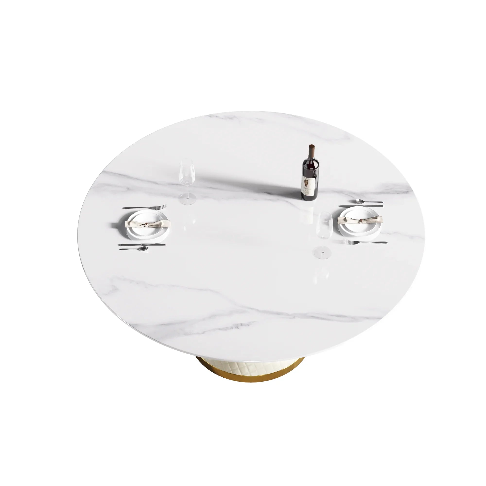 Table de salle à manger Marbella en pierre frittée | Ronde, 59 cm, blanc brillant, avec piètement recouvert de cuir