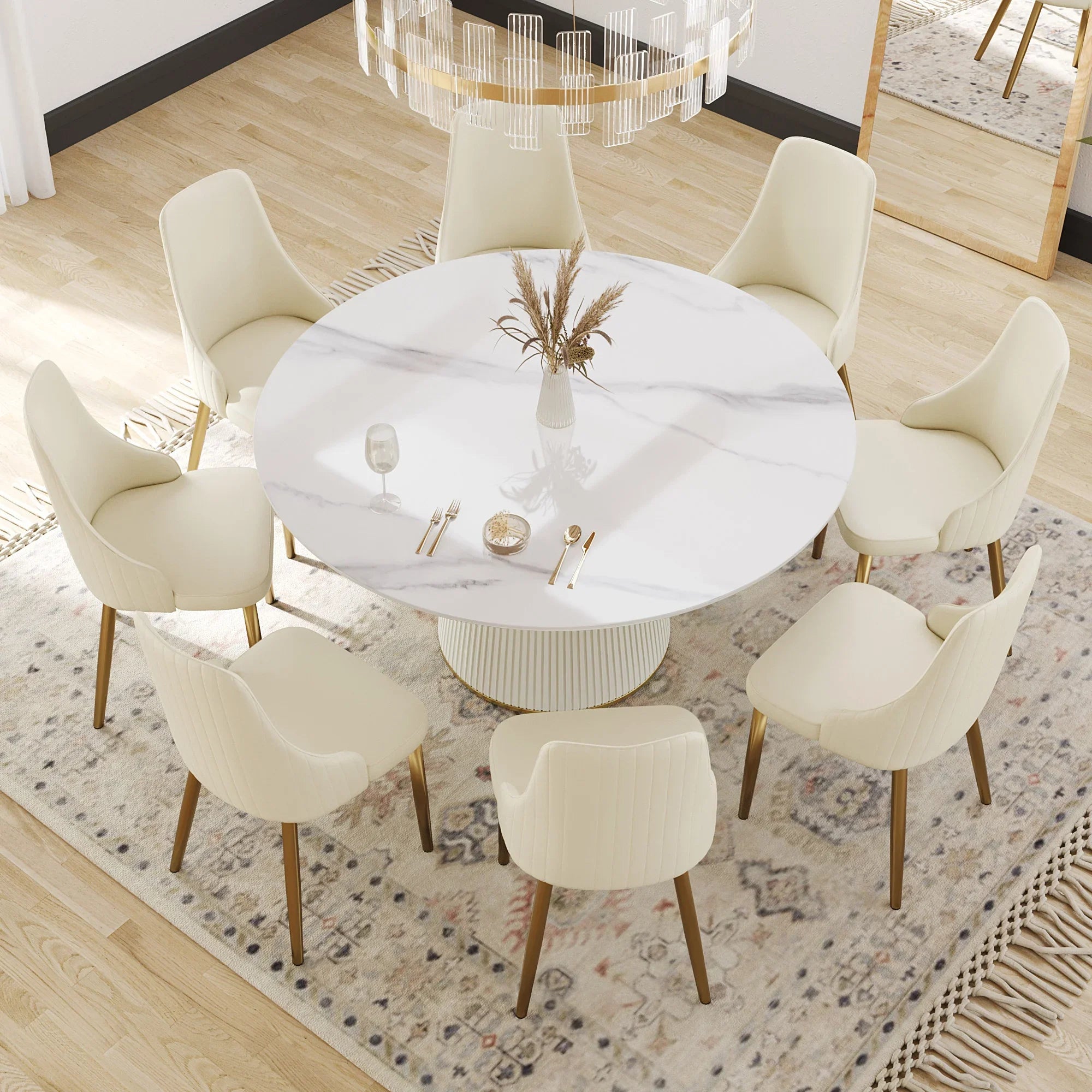 Table de salle à manger Marbella en pierre frittée | Ronde, 59 cm, blanc brillant, avec piètement recouvert de cuir