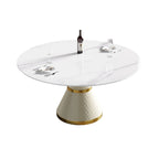 Table de salle à manger Marbella en pierre frittée | Ronde, 59 cm, blanc brillant, avec piètement recouvert de cuir