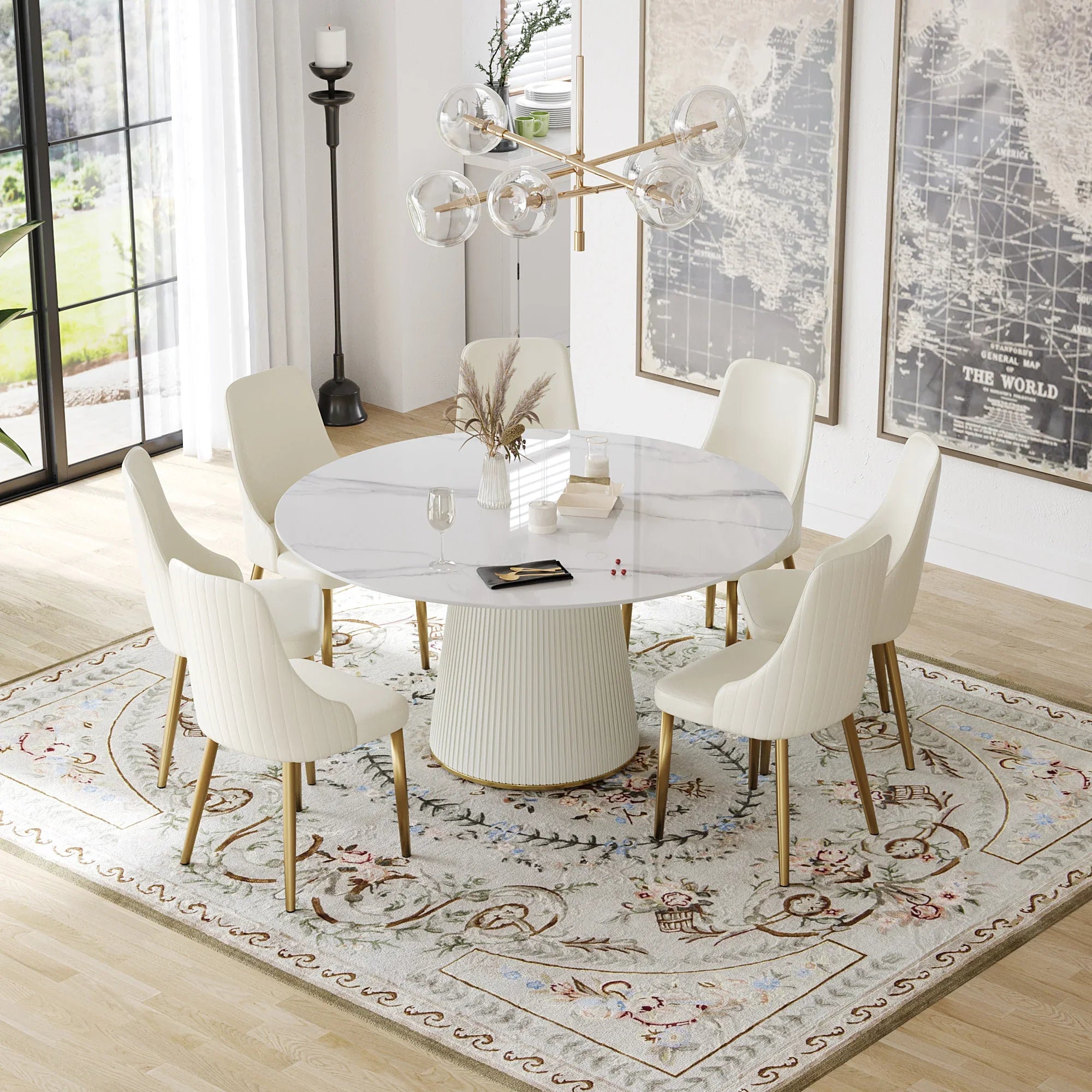 Table de salle à manger Marbella en pierre frittée | Ronde, 59 cm, blanc brillant, avec piètement recouvert de cuir