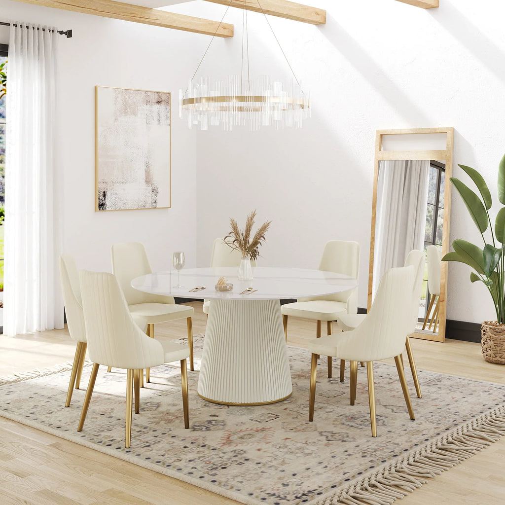 Table de salle à manger Marbella en pierre frittée | Ronde, 59 cm, blanc brillant, avec piètement recouvert de cuir