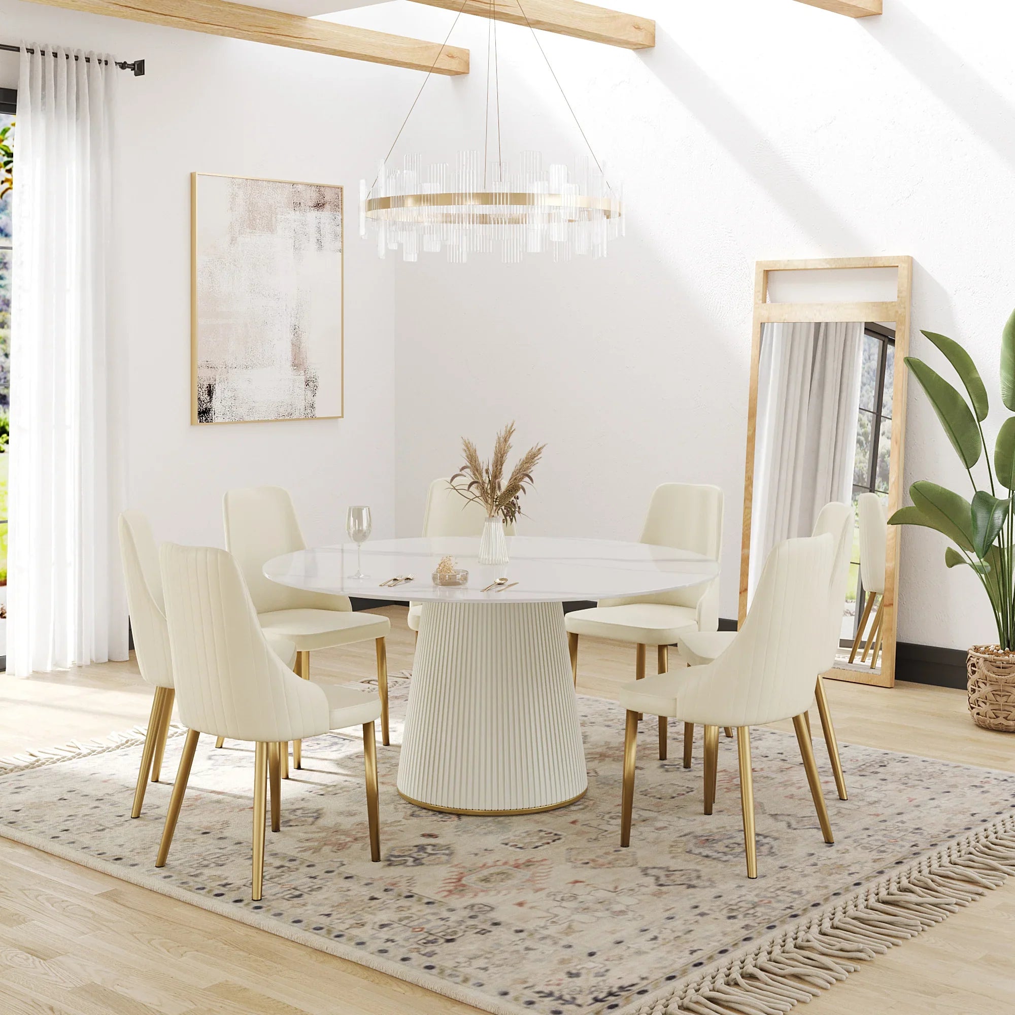 Table de salle à manger Marbella en pierre frittée | Ronde, 59 cm, blanc brillant, avec piètement recouvert de cuir