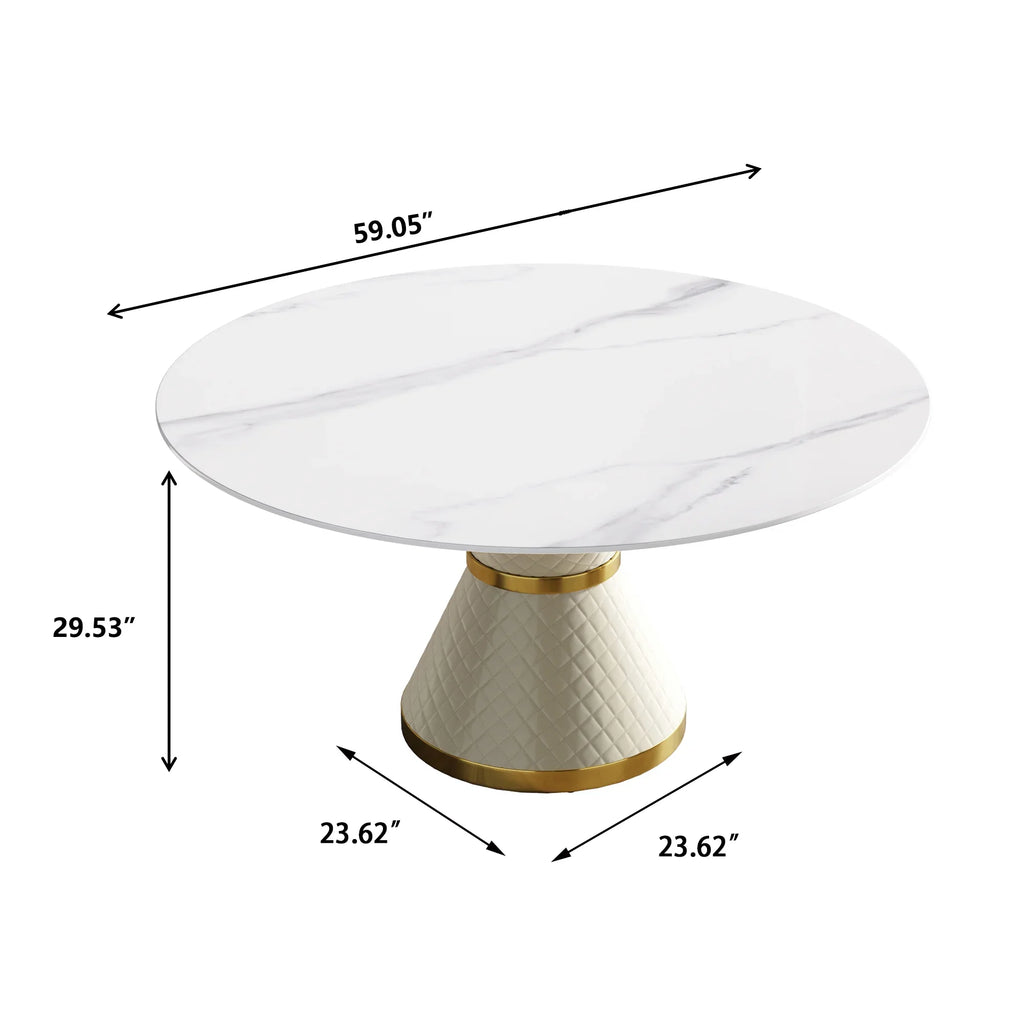 Table de salle à manger Marbella en pierre frittée | Ronde, 59 cm, blanc brillant, avec piètement recouvert de cuir