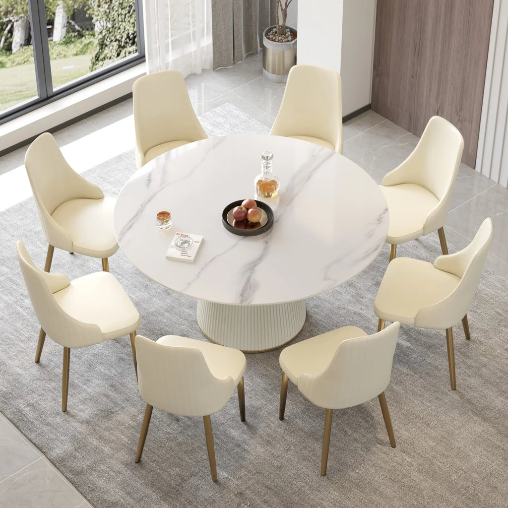 Table de salle à manger Marbella en pierre frittée | Ronde, 59 cm, blanc brillant, avec piètement recouvert de cuir