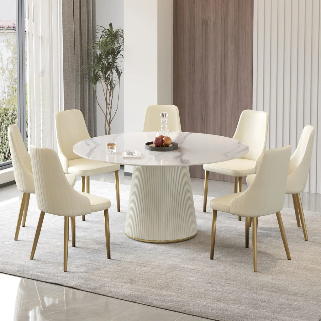Table de salle à manger Marbella en pierre frittée | Ronde, 59 cm, blanc brillant, avec piètement recouvert de cuir