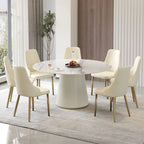 Table de salle à manger Marbella en pierre frittée | Ronde, 59 cm, blanc brillant, avec piètement recouvert de cuir