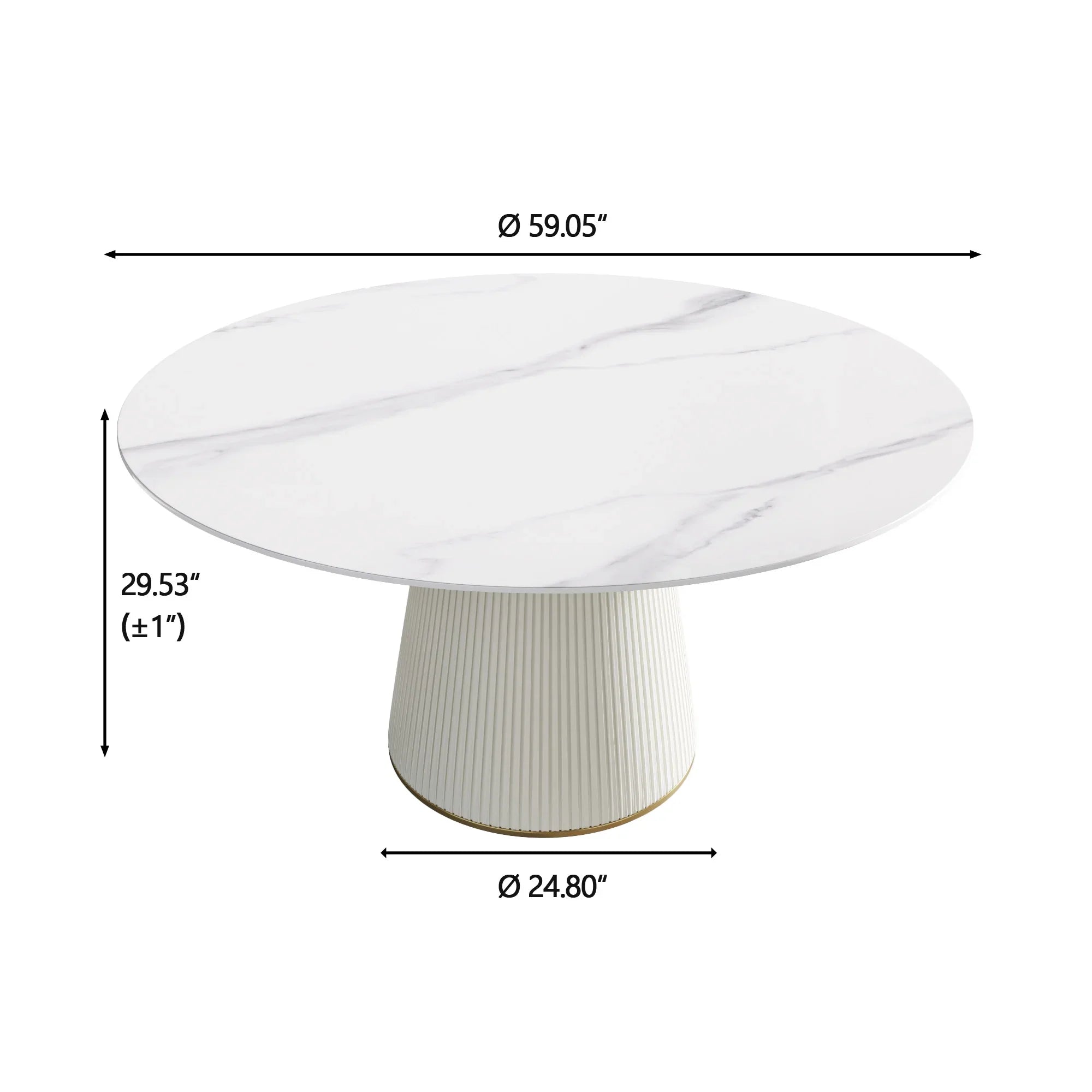 Table de salle à manger Marbella en pierre frittée | Ronde, 59 cm, blanc brillant, avec piètement recouvert de cuir