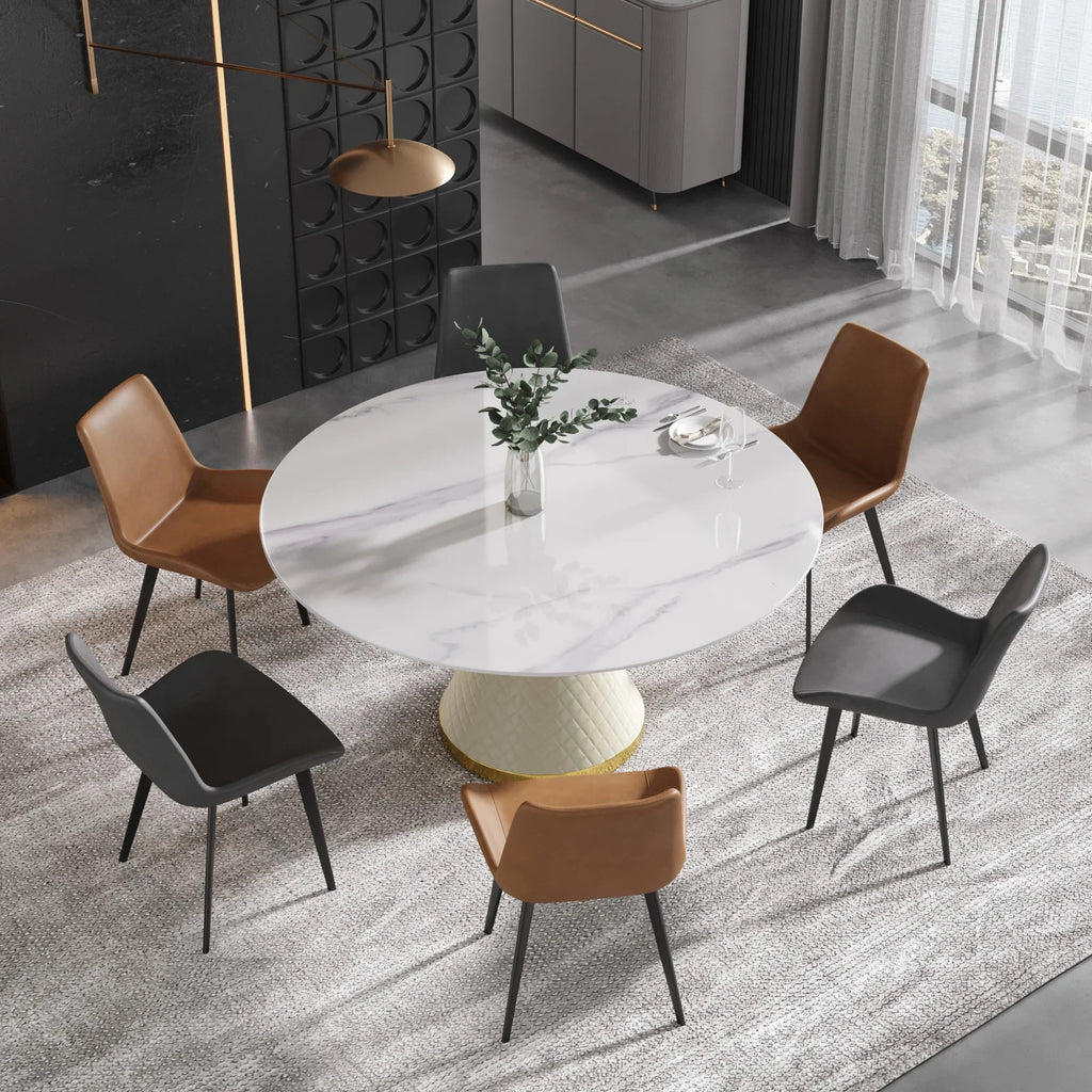 Table de salle à manger Marbella en pierre frittée | Ronde, 59 cm, blanc brillant, avec piètement recouvert de cuir