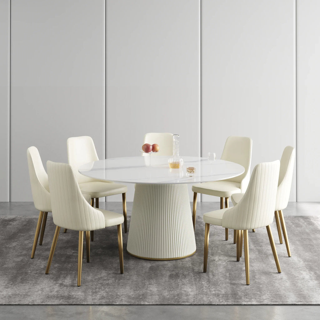 Table de salle à manger Marbella en pierre frittée | Ronde, 59 cm, blanc brillant, avec piètement recouvert de cuir