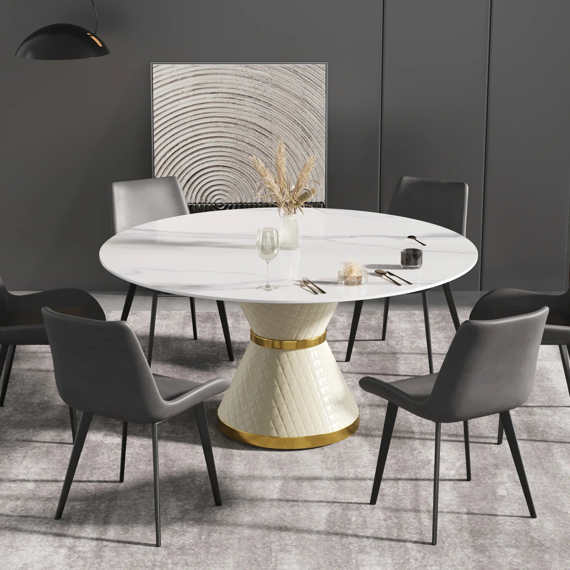Table de salle à manger Marbella en pierre frittée | Ronde, 59 cm, blanc brillant, avec piètement recouvert de cuir