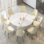 Table de salle à manger Marbella en pierre frittée | Ronde, 59 cm, blanc brillant, avec piètement recouvert de cuir