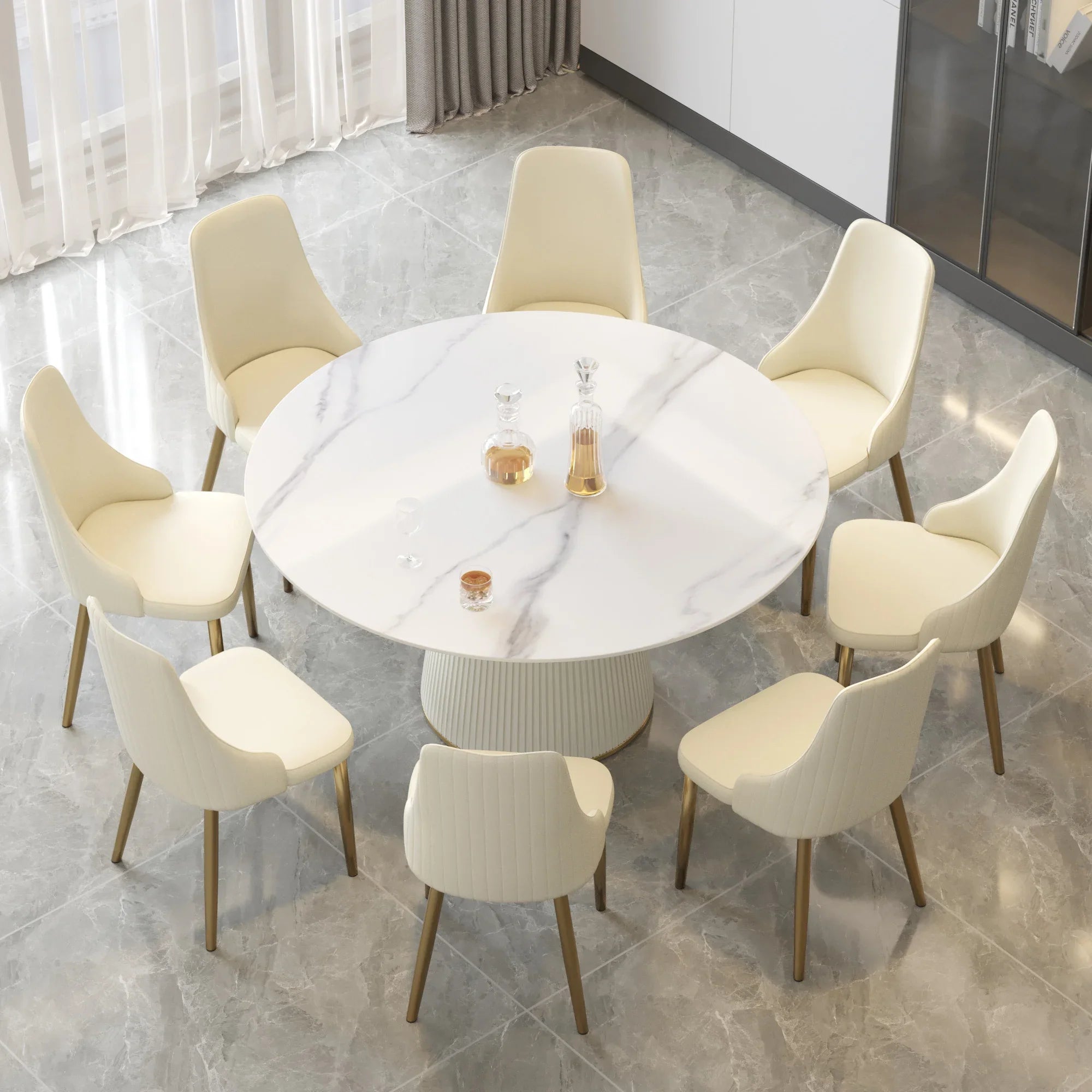 Table de salle à manger Marbella en pierre frittée | Ronde, 59 cm, blanc brillant, avec piètement recouvert de cuir