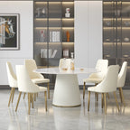Table de salle à manger Marbella en pierre frittée | Ronde, 59 cm, blanc brillant, avec piètement recouvert de cuir