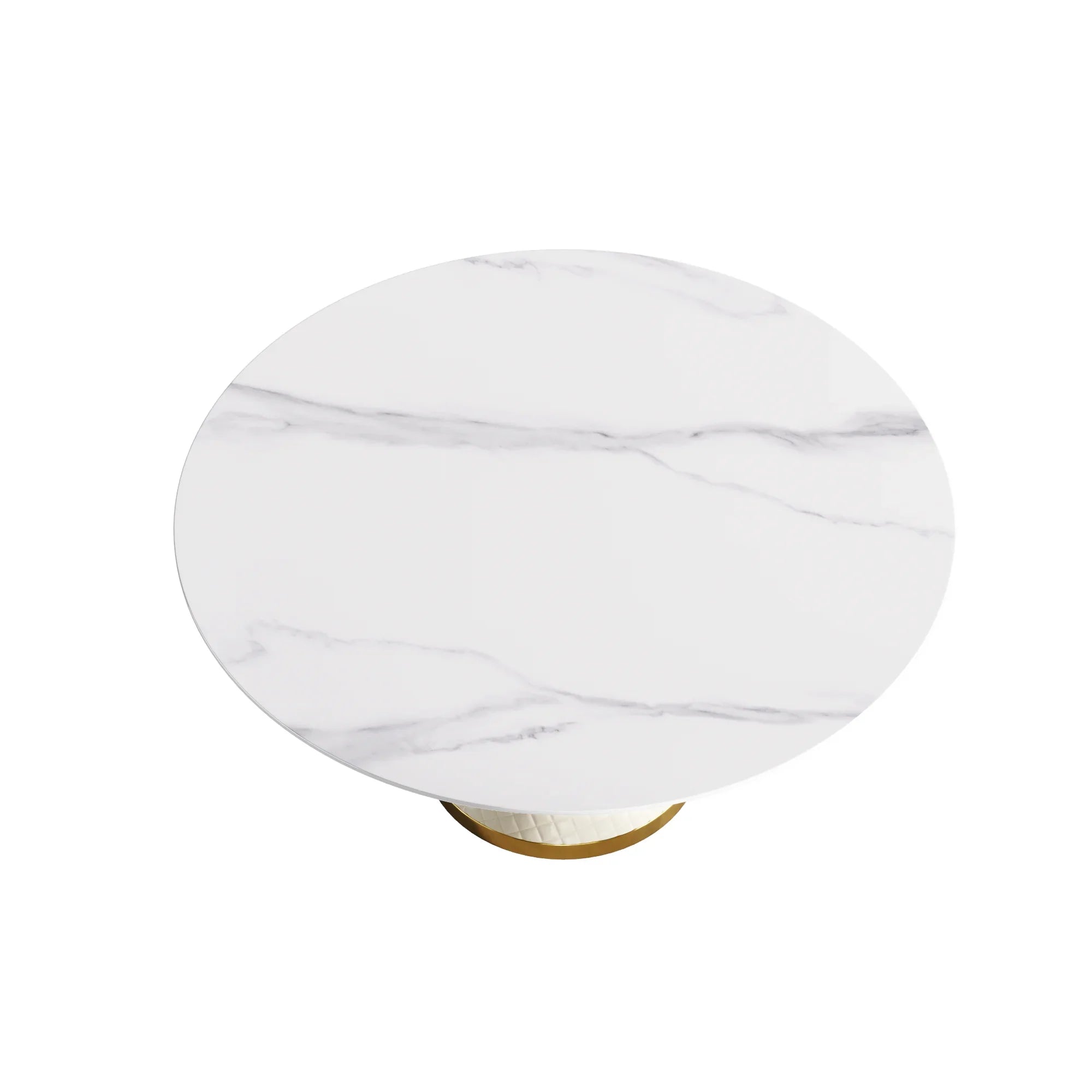 Table de salle à manger Marbella en pierre frittée | Ronde, 59 cm, blanc brillant, avec piètement recouvert de cuir