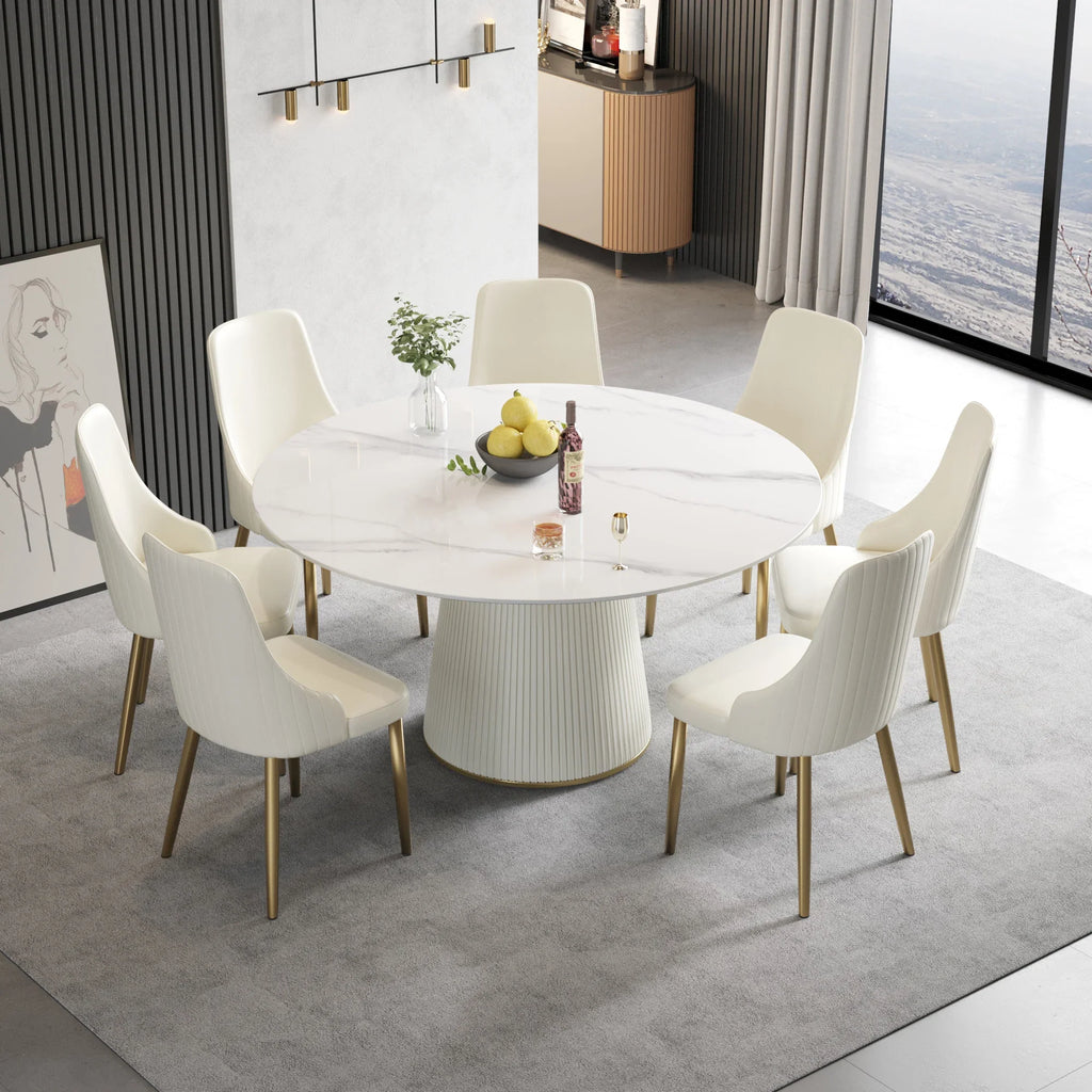 Table de salle à manger Marbella en pierre frittée | Ronde, 59 cm, blanc brillant, avec piètement recouvert de cuir