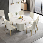 Table de salle à manger Marbella en pierre frittée | Ronde, 59 cm, blanc brillant, avec piètement recouvert de cuir