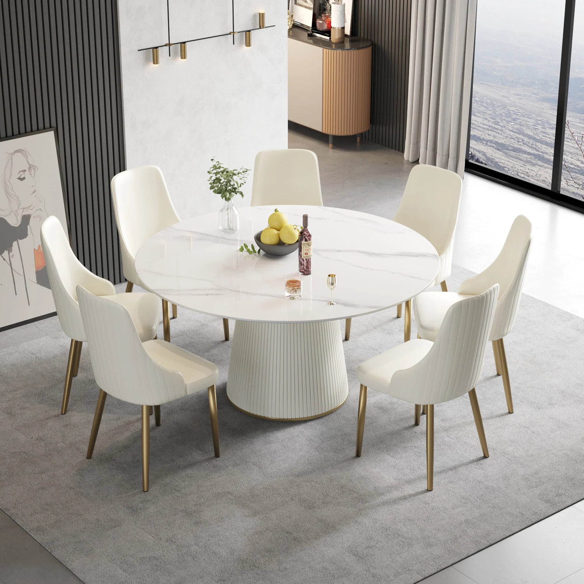 Table de salle à manger Marbella en pierre frittée | Ronde, 59 cm, blanc brillant, avec piètement recouvert de cuir