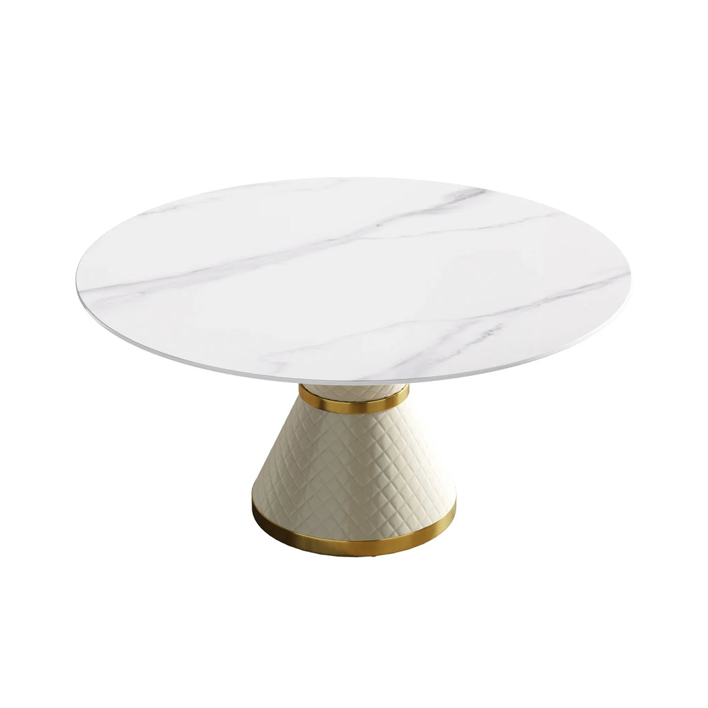 Table de salle à manger Marbella en pierre frittée | Ronde, 59 cm, blanc brillant, avec piètement recouvert de cuir