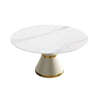 Table de salle à manger Marbella en pierre frittée | Ronde, 59 cm, blanc brillant, avec piètement recouvert de cuir