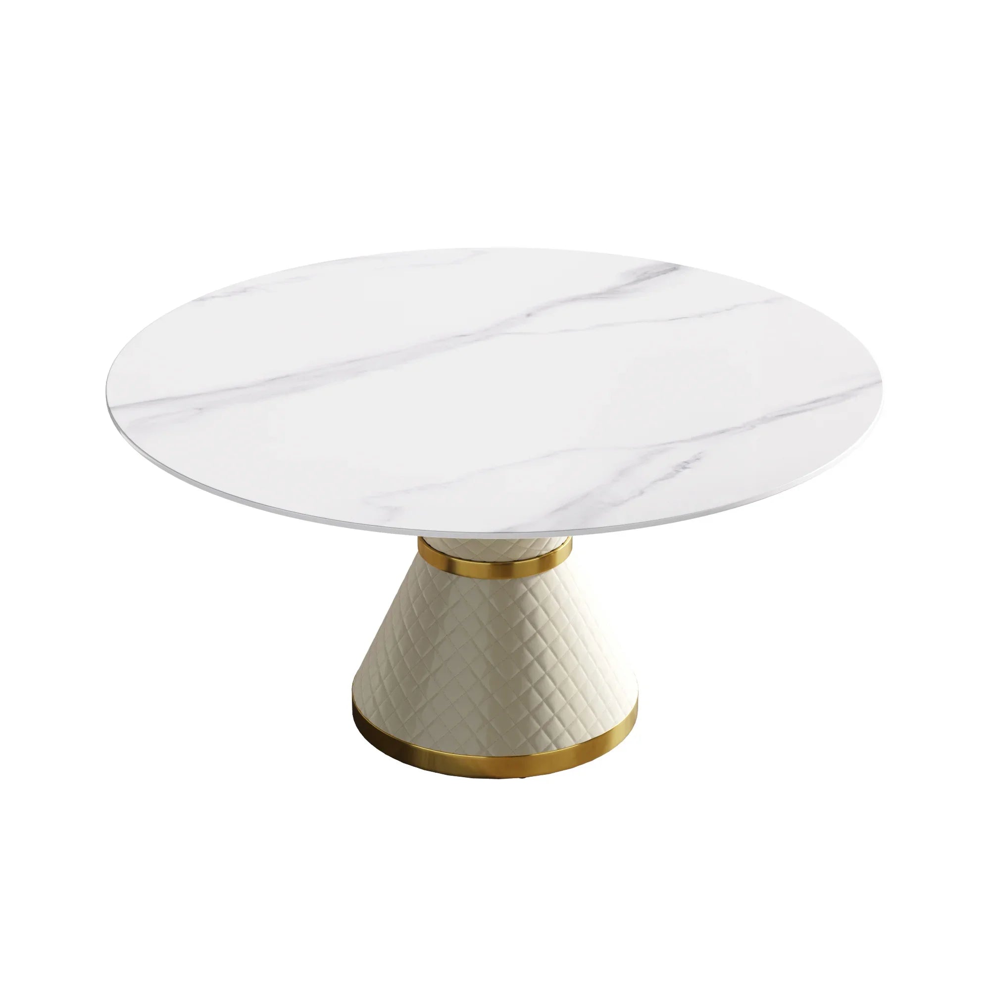 Table de salle à manger Marbella en pierre frittée | Ronde, 59 cm, blanc brillant, avec piètement recouvert de cuir