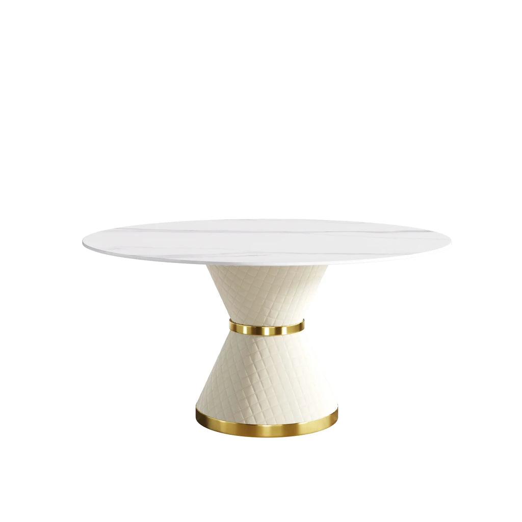 Table de salle à manger Marbella en pierre frittée | Ronde, 59 cm, blanc brillant, avec piètement recouvert de cuir