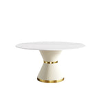 Table de salle à manger Marbella en pierre frittée | Ronde, 59 cm, blanc brillant, avec piètement recouvert de cuir