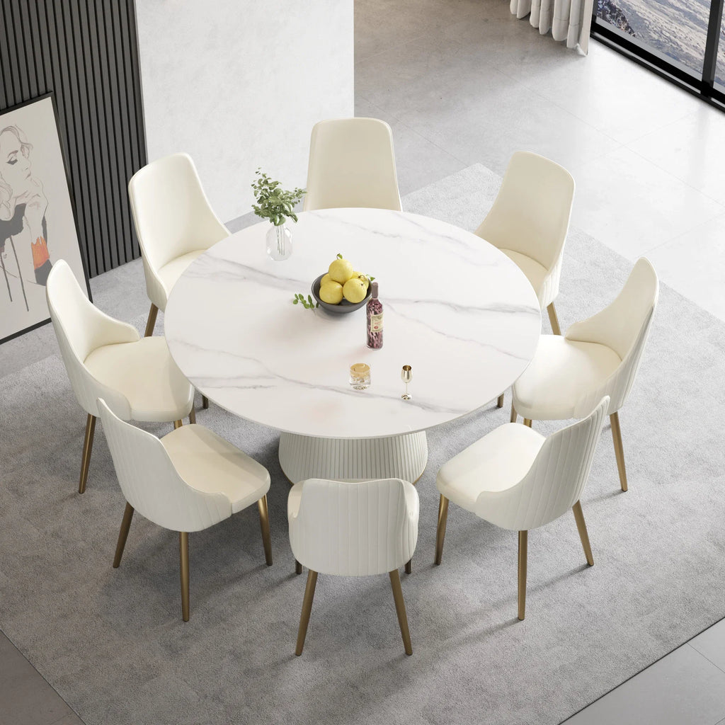 Table de salle à manger Marbella en pierre frittée | Ronde, 59 cm, blanc brillant, avec piètement recouvert de cuir