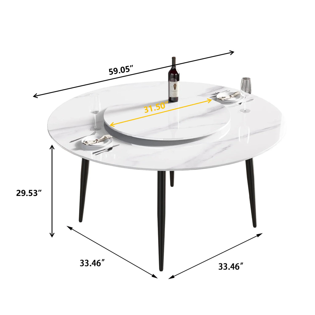Table de salle à manger Marbella en pierre frittée | Ronde 59 cm, blanc brillant, avec piètement en métal et plateau tournant