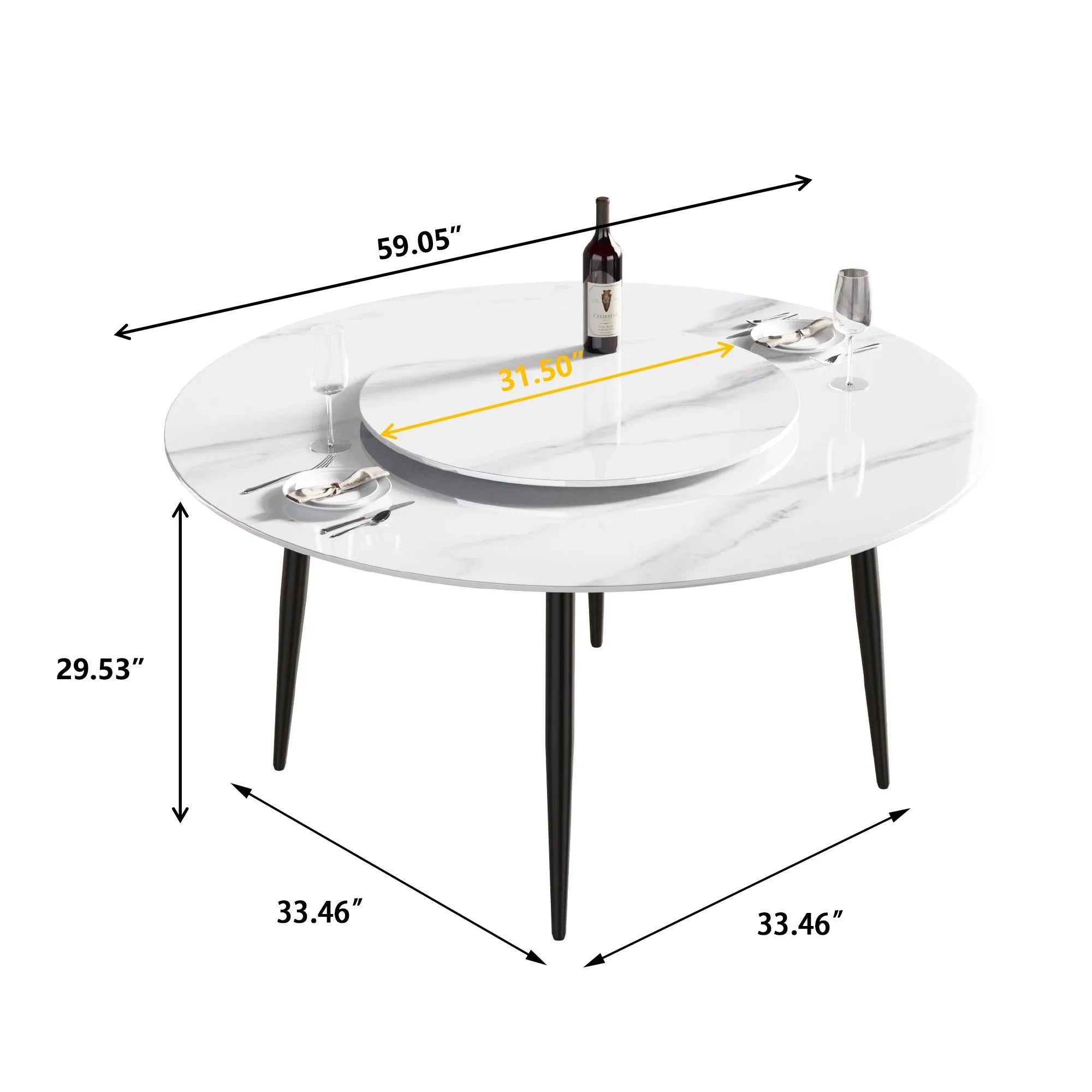 Table de salle à manger Marbella en pierre frittée | Ronde 59 cm, blanc brillant, avec piètement en métal et plateau tournant