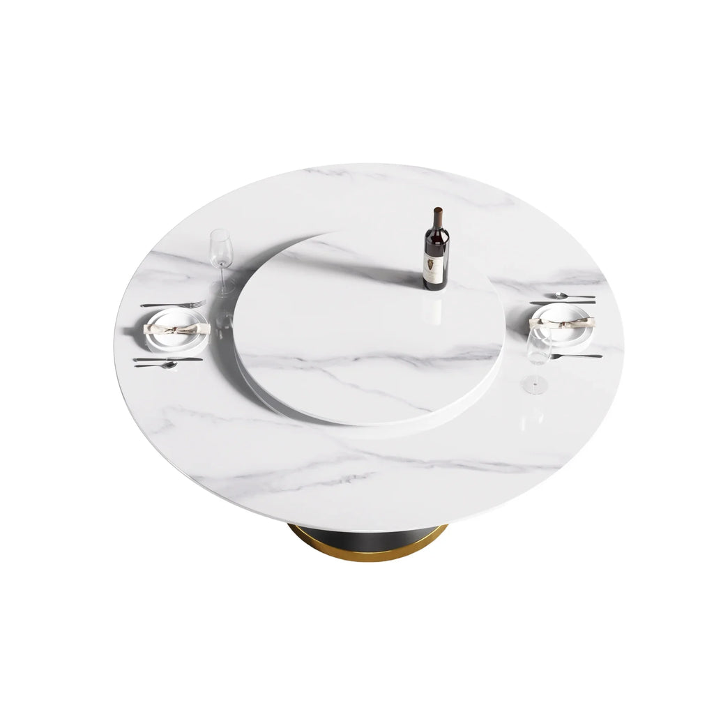 Table de salle à manger Marbella en pierre frittée | Ronde 59 cm, blanc brillant, avec piètement en métal et plateau tournant