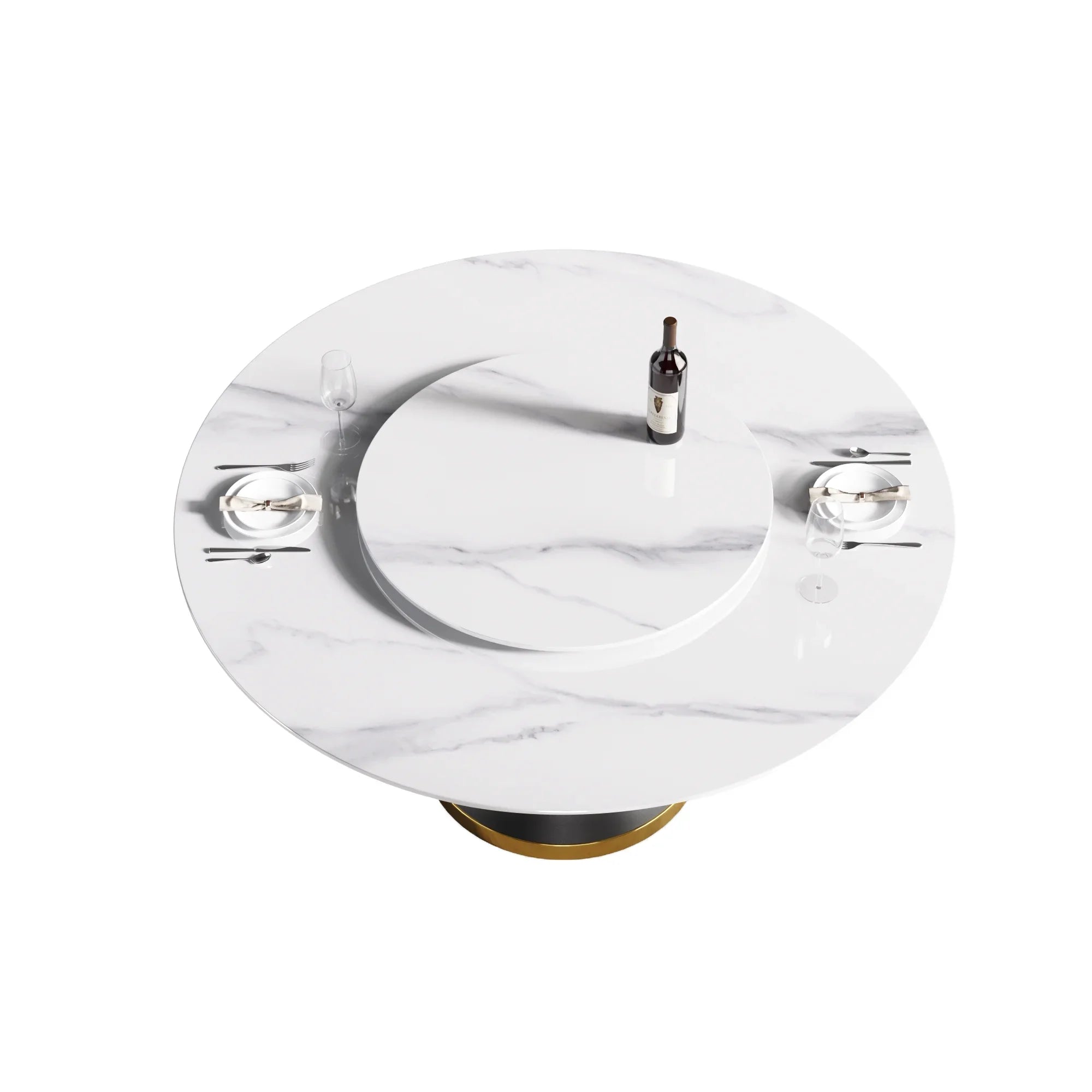 Table de salle à manger Marbella en pierre frittée | Ronde 59 cm, blanc brillant, avec piètement en métal et plateau tournant