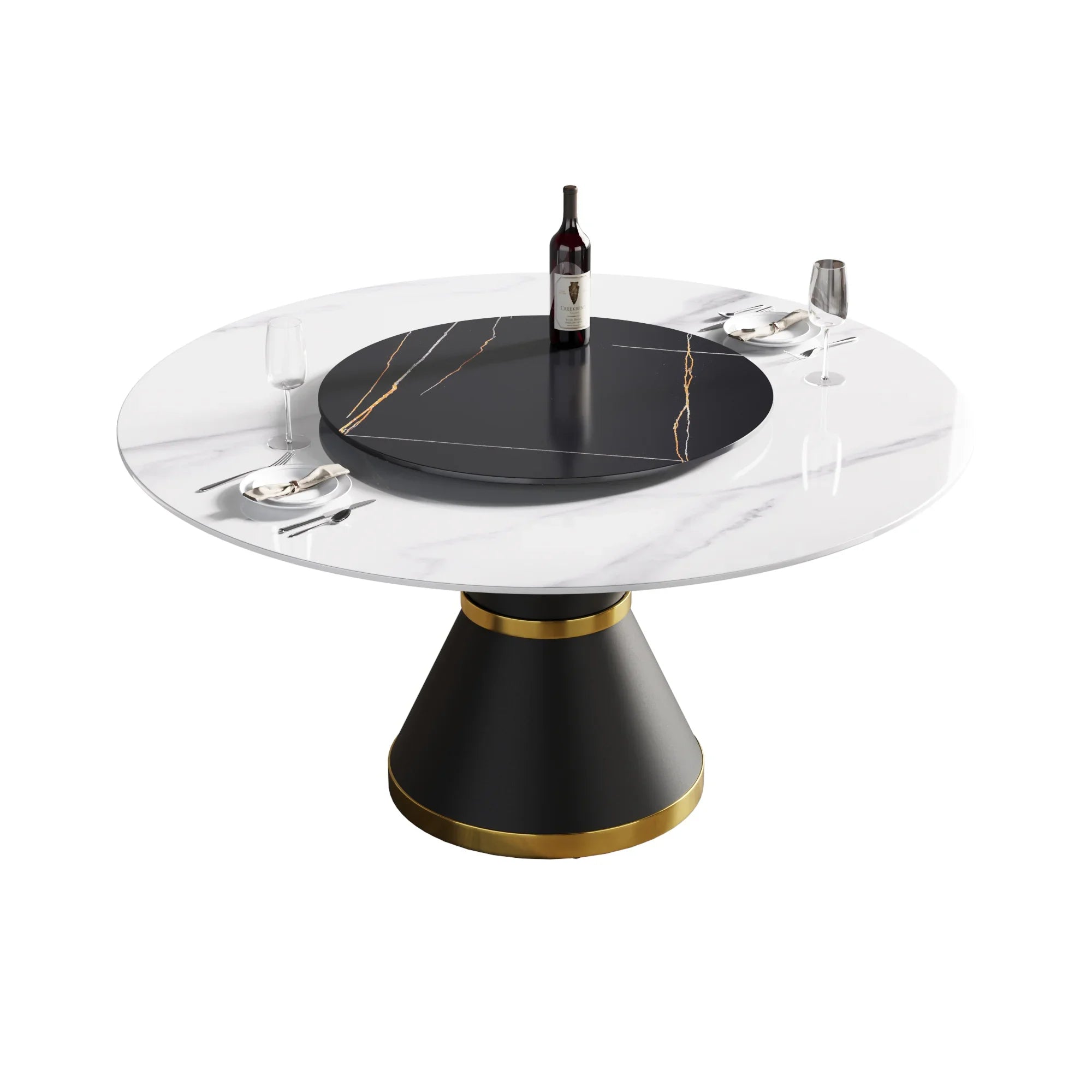 Table de salle à manger Marbella en pierre frittée | Ronde 59 cm, blanc brillant, avec piètement en métal et plateau tournant