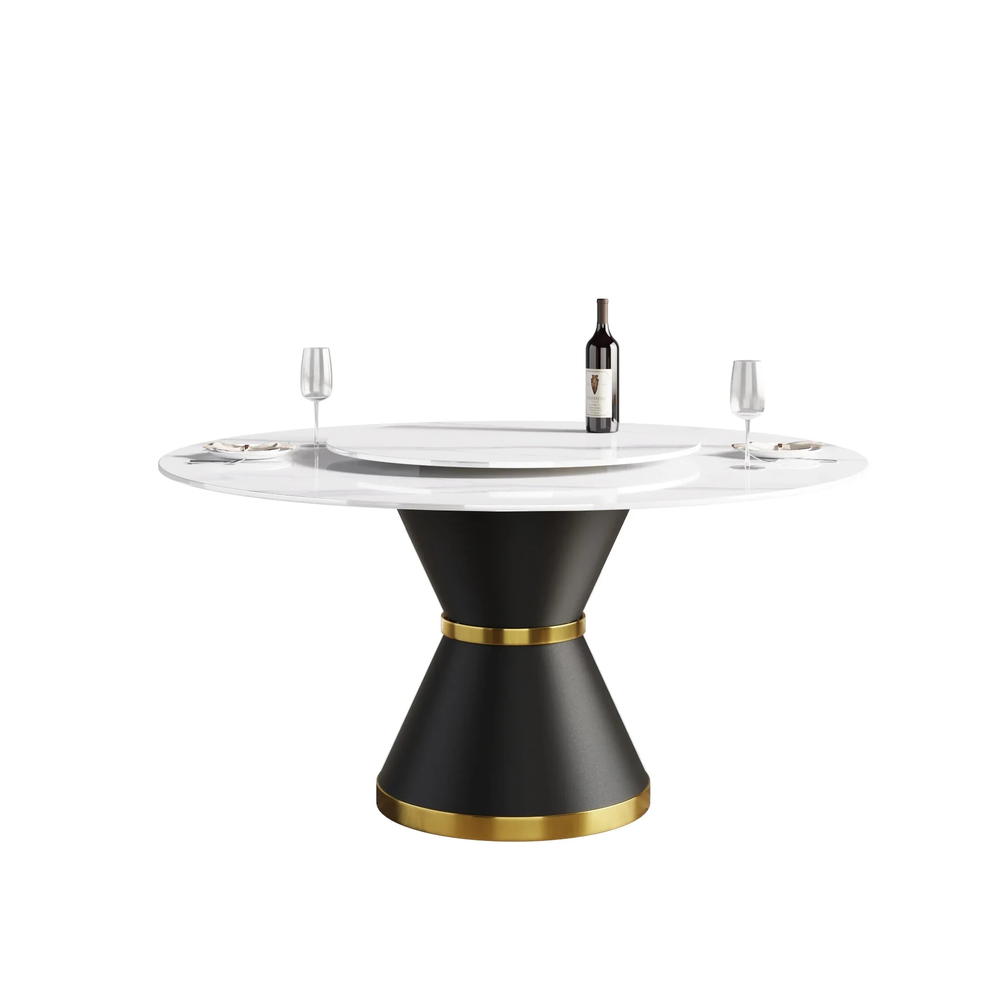 Table de salle à manger Marbella en pierre frittée | Ronde 59 cm, blanc brillant, avec piètement en métal et plateau tournant