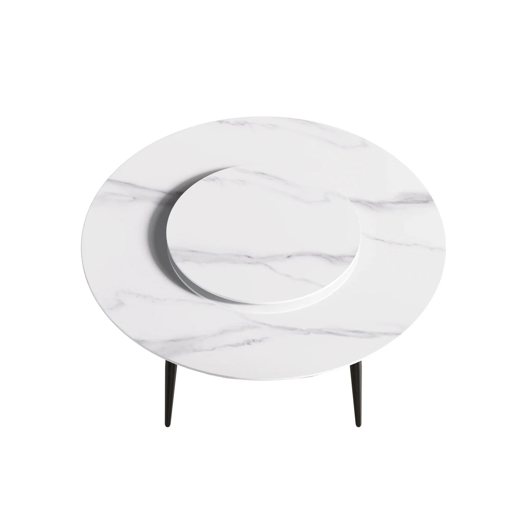 Table de salle à manger Marbella en pierre frittée | Ronde 59 cm, blanc brillant, avec piètement en métal et plateau tournant