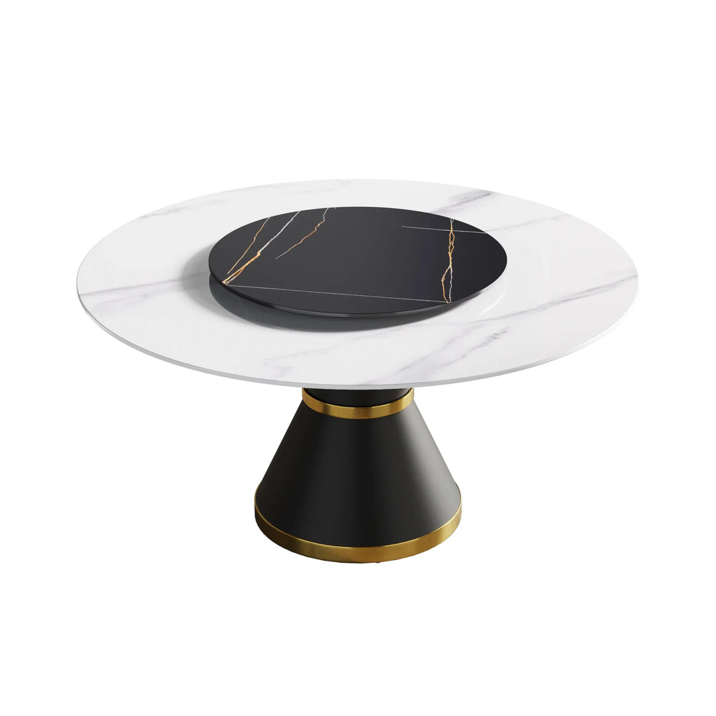 Table de salle à manger Marbella en pierre frittée | Ronde 59 cm, blanc brillant, avec piètement en métal et plateau tournant
