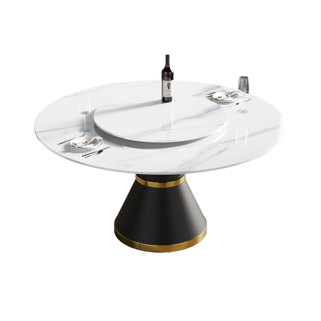 Table de salle à manger Marbella en pierre frittée | Ronde 59 cm, blanc brillant, avec piètement en métal et plateau tournant