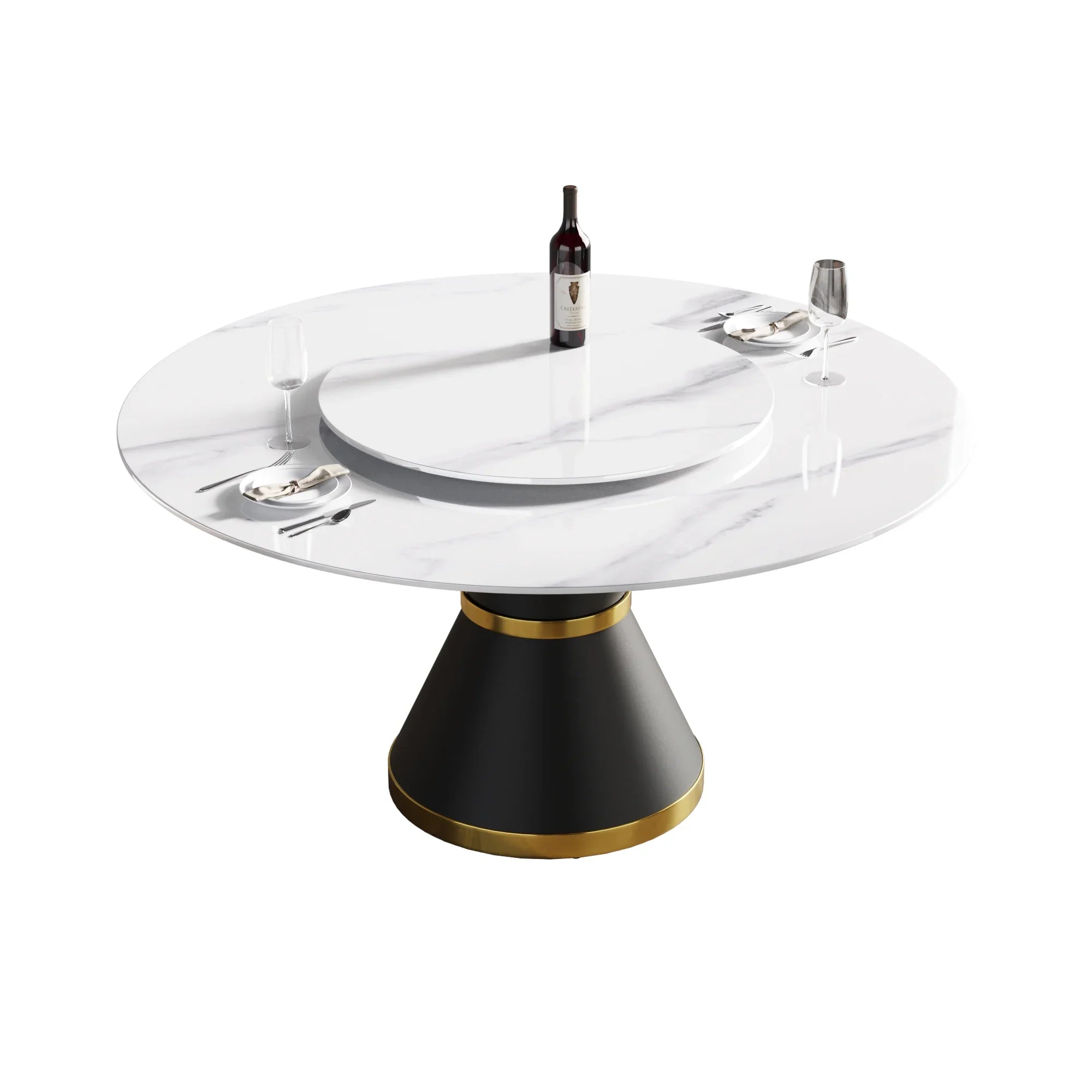 Table de salle à manger Marbella en pierre frittée | Ronde 59 cm, blanc brillant, avec piètement en métal et plateau tournant