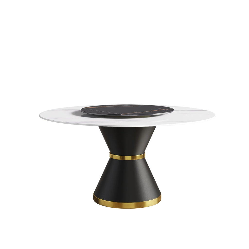 Table de salle à manger Marbella en pierre frittée | Ronde 59 cm, blanc brillant, avec piètement en métal et plateau tournant