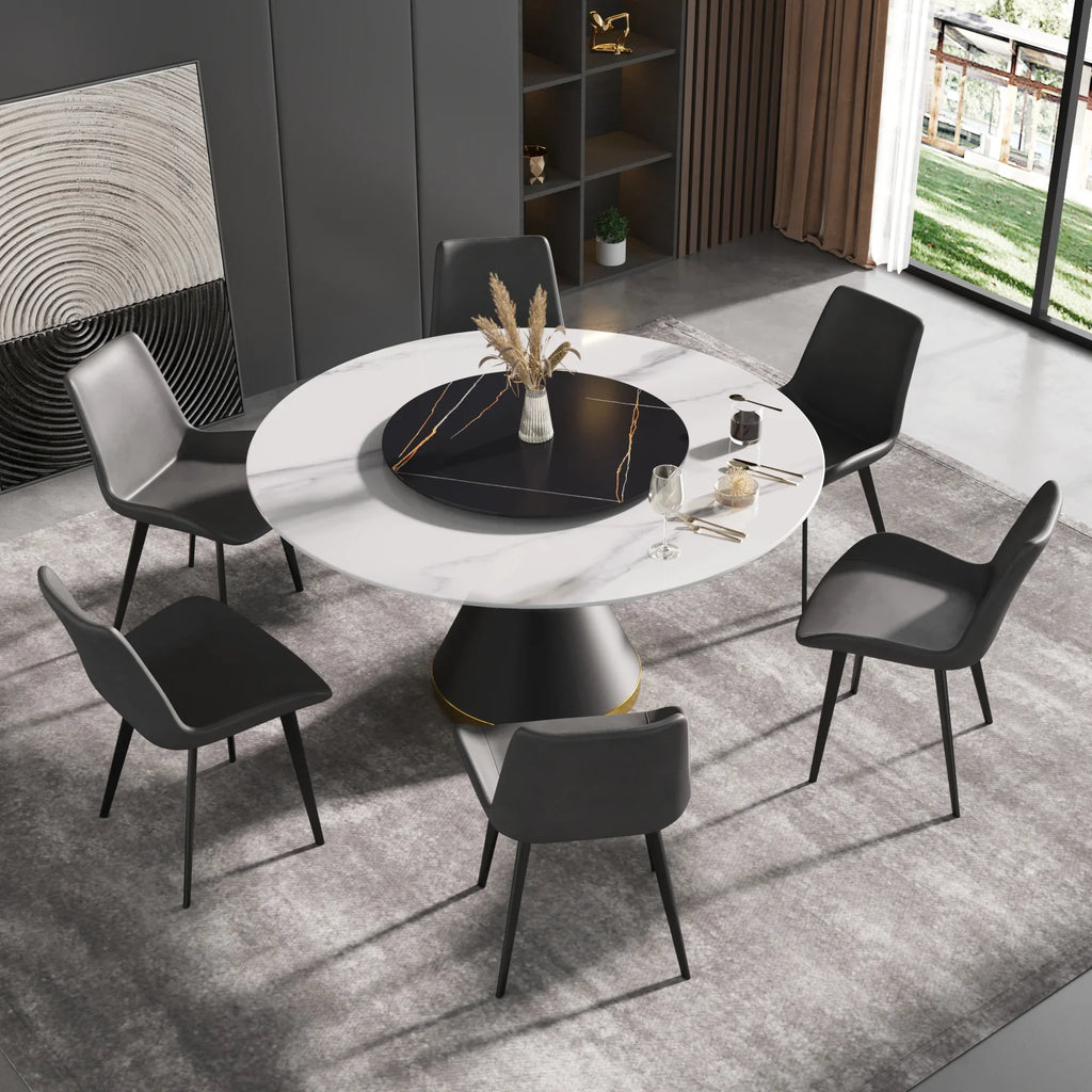 Table de salle à manger Marbella en pierre frittée | Ronde 59 cm, blanc brillant, avec piètement en métal et plateau tournant