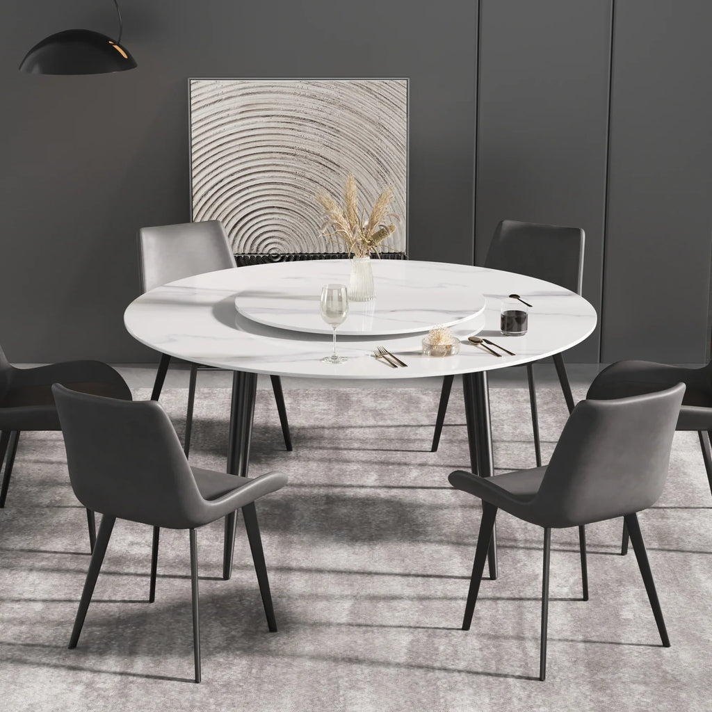 Table de salle à manger Marbella en pierre frittée | Ronde 59 cm, blanc brillant, avec piètement en métal et plateau tournant