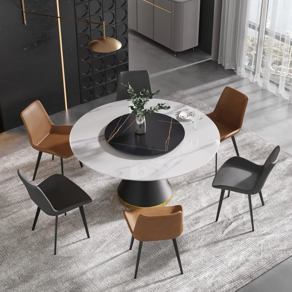 Table de salle à manger Marbella en pierre frittée | Ronde 59 cm, blanc brillant, avec piètement en métal et plateau tournant