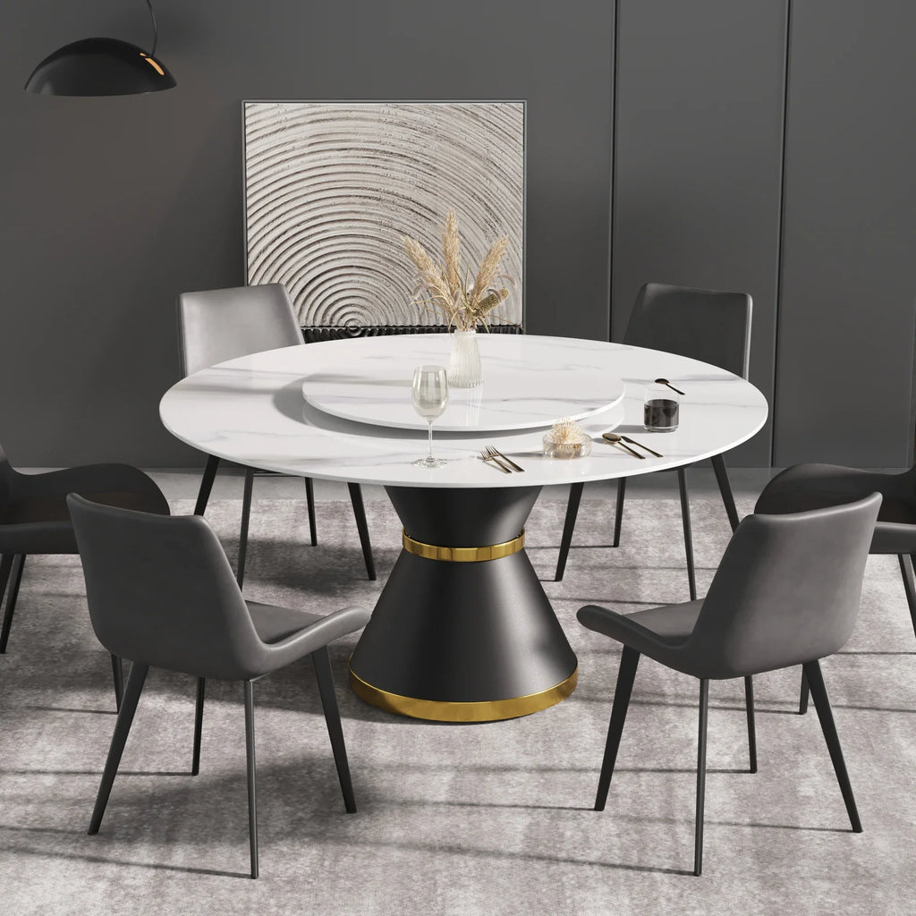 Table de salle à manger Marbella en pierre frittée | Ronde 59 cm, blanc brillant, avec piètement en métal et plateau tournant