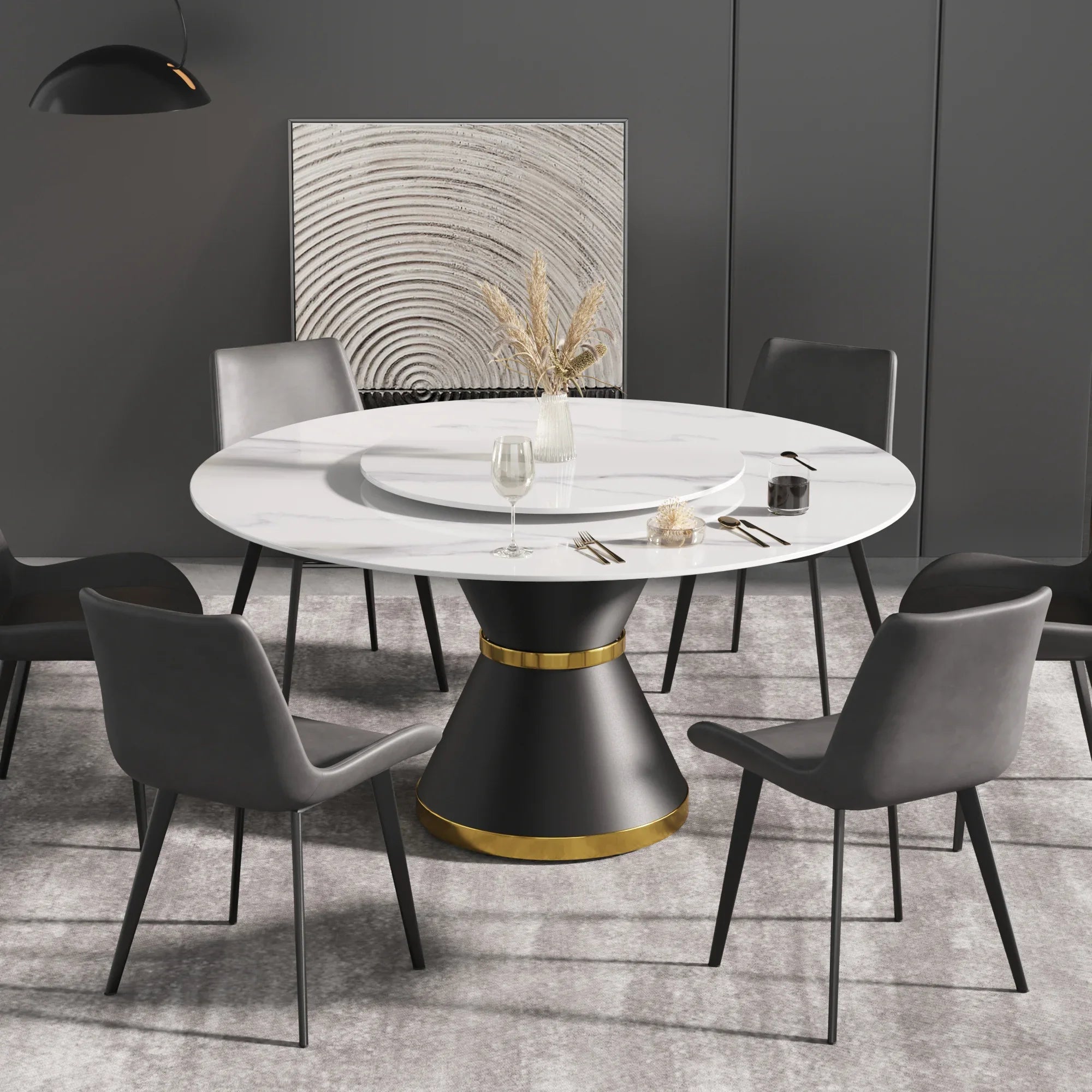 Table de salle à manger Marbella en pierre frittée | Ronde 59 cm, blanc brillant, avec piètement en métal et plateau tournant