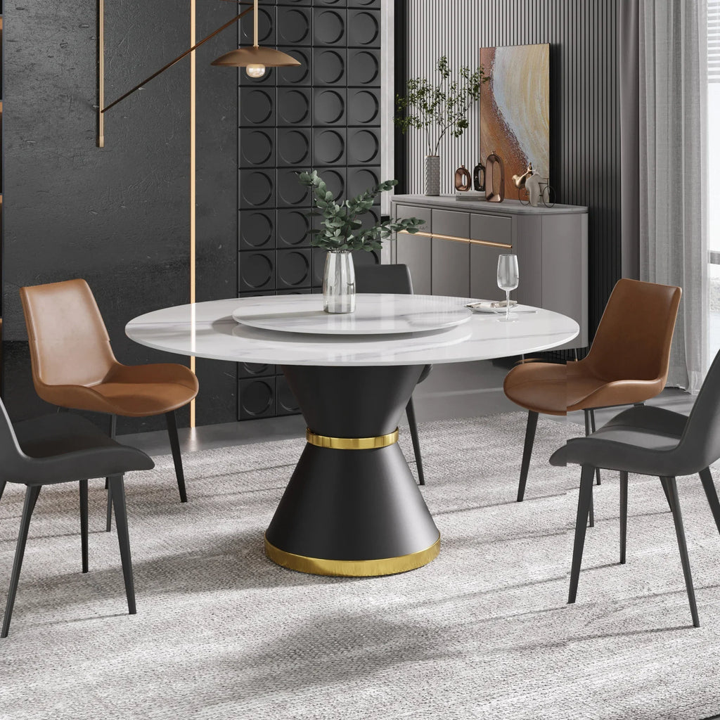 Table de salle à manger Marbella en pierre frittée | Ronde 59 cm, blanc brillant, avec piètement en métal et plateau tournant