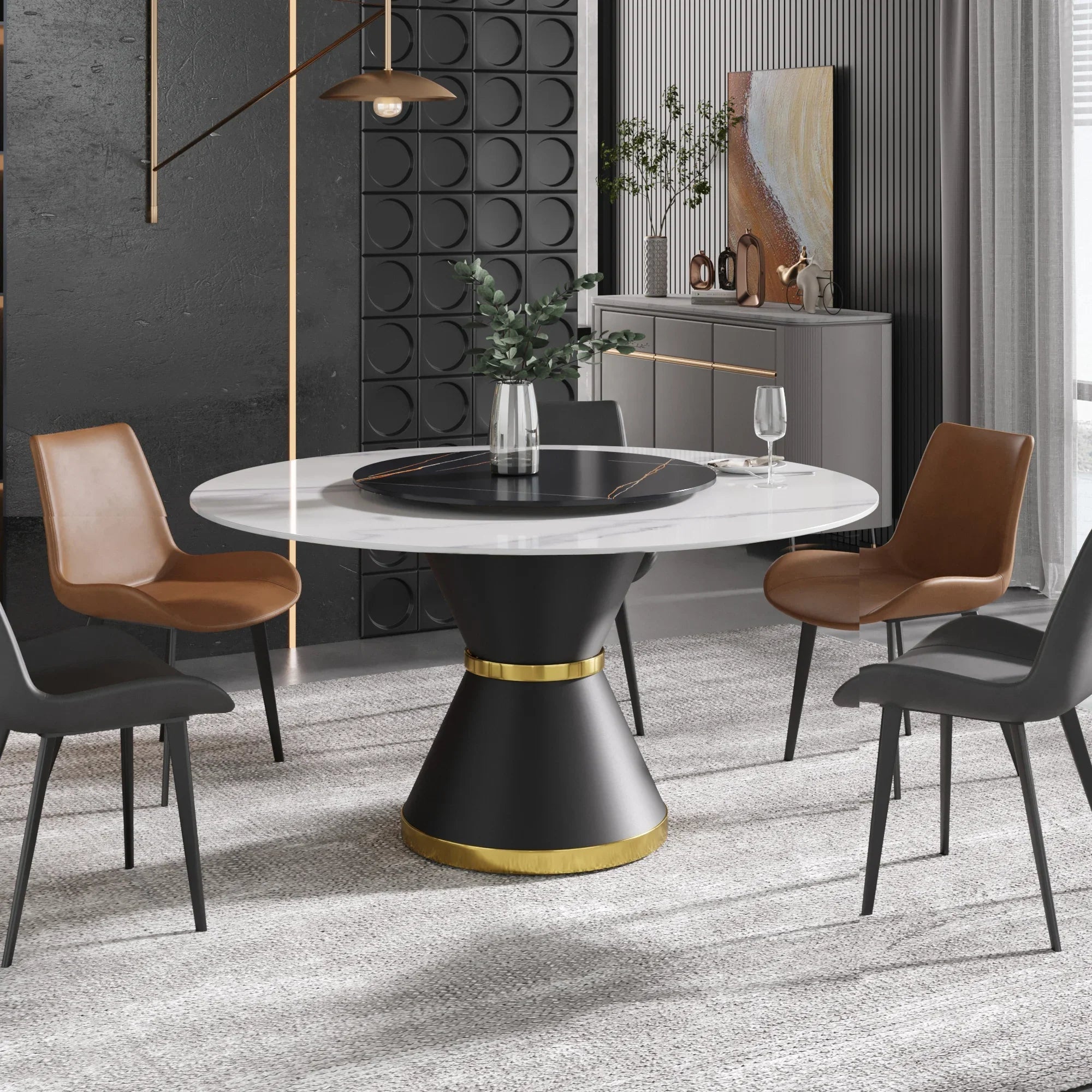 Table de salle à manger Marbella en pierre frittée | Ronde 59 cm, blanc brillant, avec piètement en métal et plateau tournant