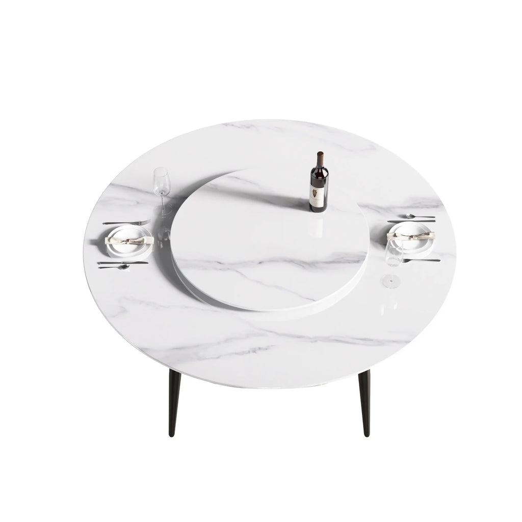 Table de salle à manger Marbella en pierre frittée | Ronde 59 cm, blanc brillant, avec piètement en métal et plateau tournant