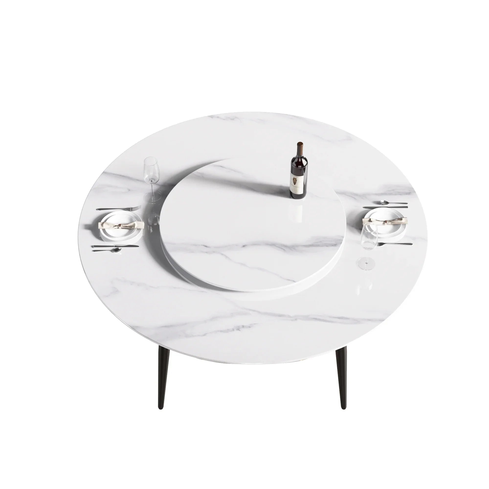 Table de salle à manger Marbella en pierre frittée | Ronde 59 cm, blanc brillant, avec piètement en métal et plateau tournant