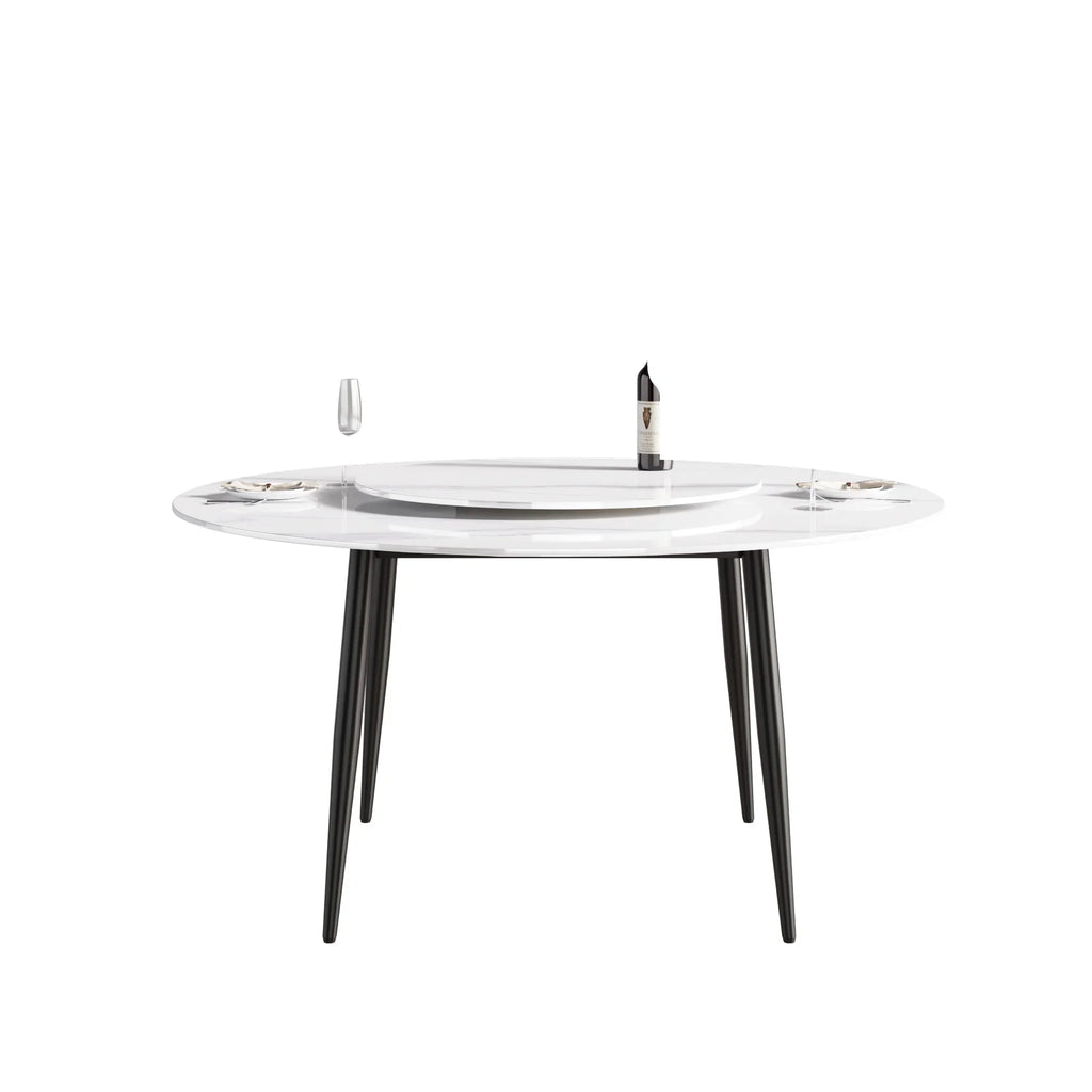 Table de salle à manger Marbella en pierre frittée | Ronde 59 cm, blanc brillant, avec piètement en métal et plateau tournant