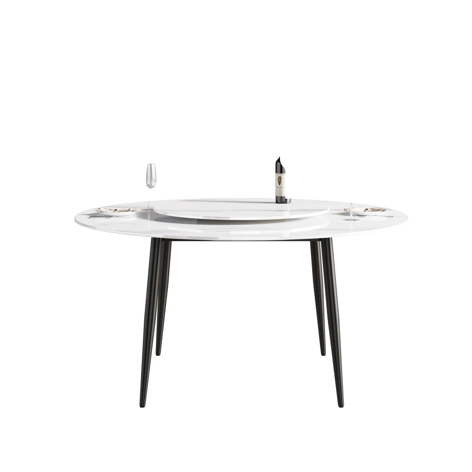 Table de salle à manger Marbella en pierre frittée | Ronde 59 cm, blanc brillant, avec piètement en métal et plateau tournant