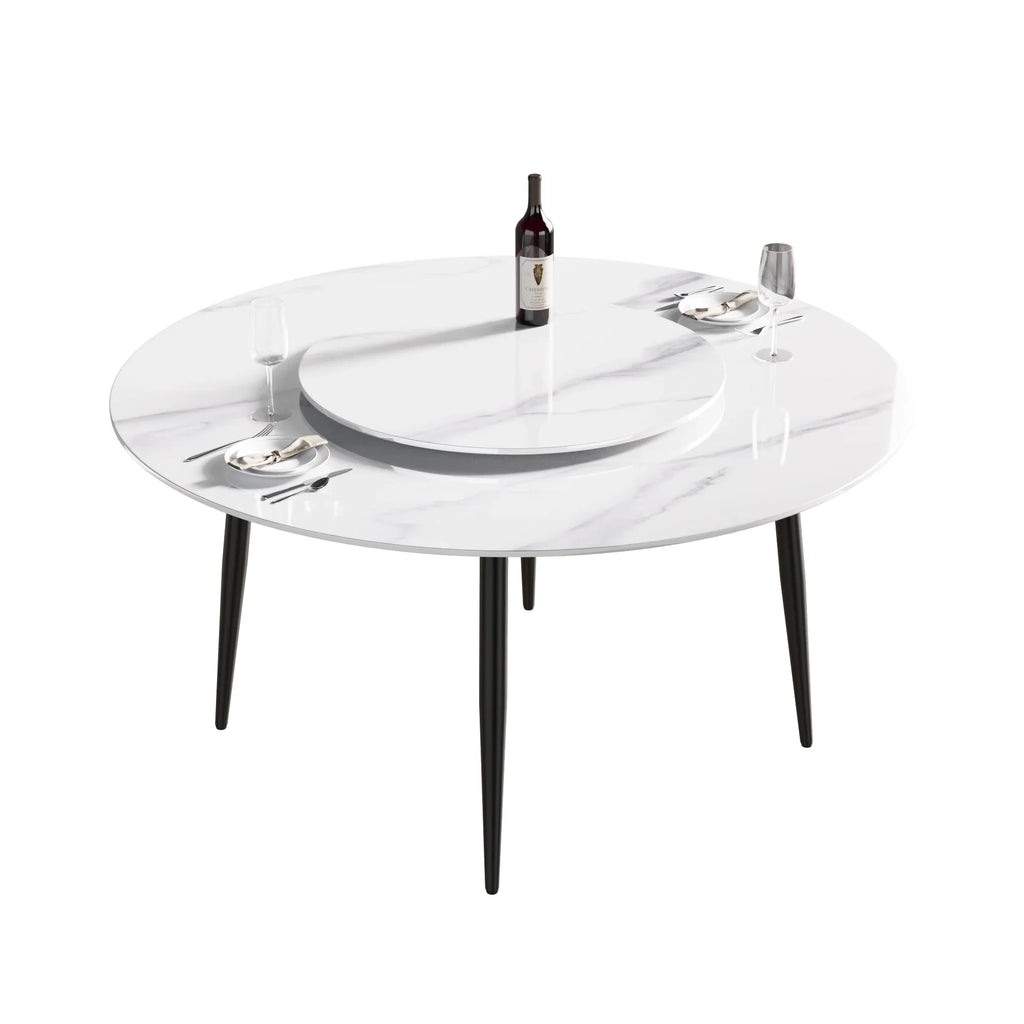 Table de salle à manger Marbella en pierre frittée | Ronde 59 cm, blanc brillant, avec piètement en métal et plateau tournant